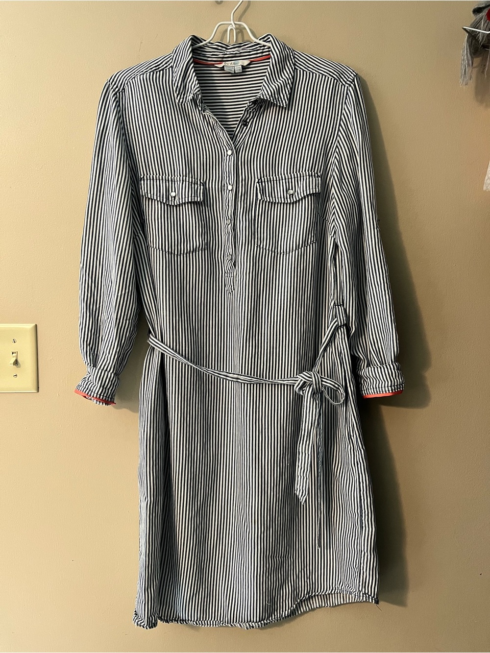 Boden vertical stripe utility shirt dress with belt. Blue and white US 10L .